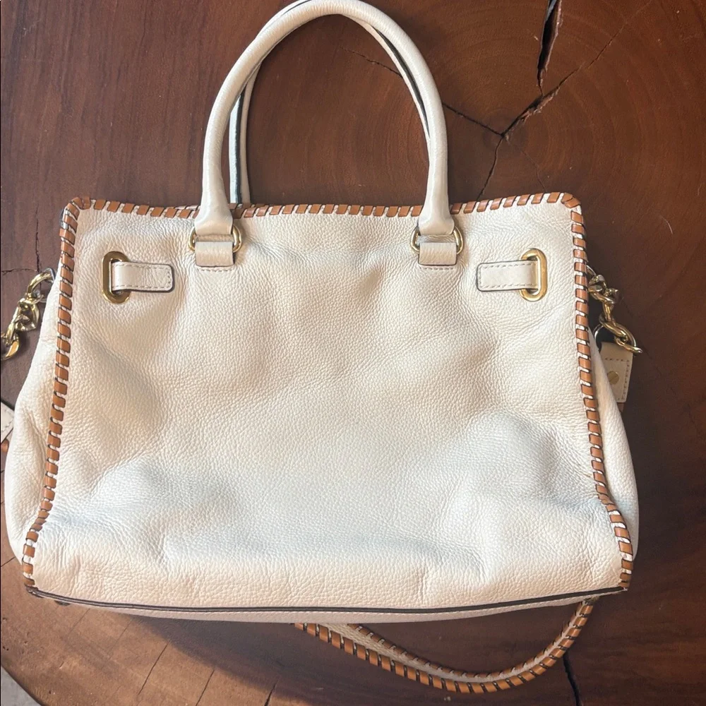 Michael Kors Hamilton Whipstitch Leather Satchel Cream Tan Gold Hardware